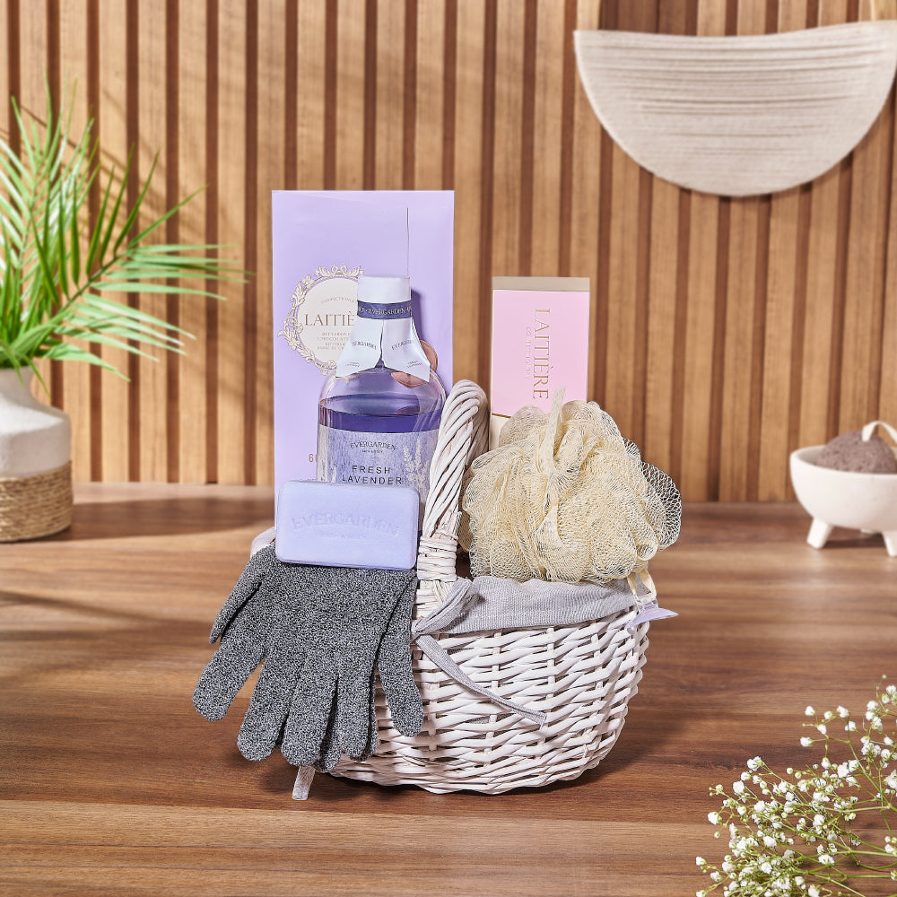 White Wicker Basket with Lavender Bath and Chocolates – how the gift is presented