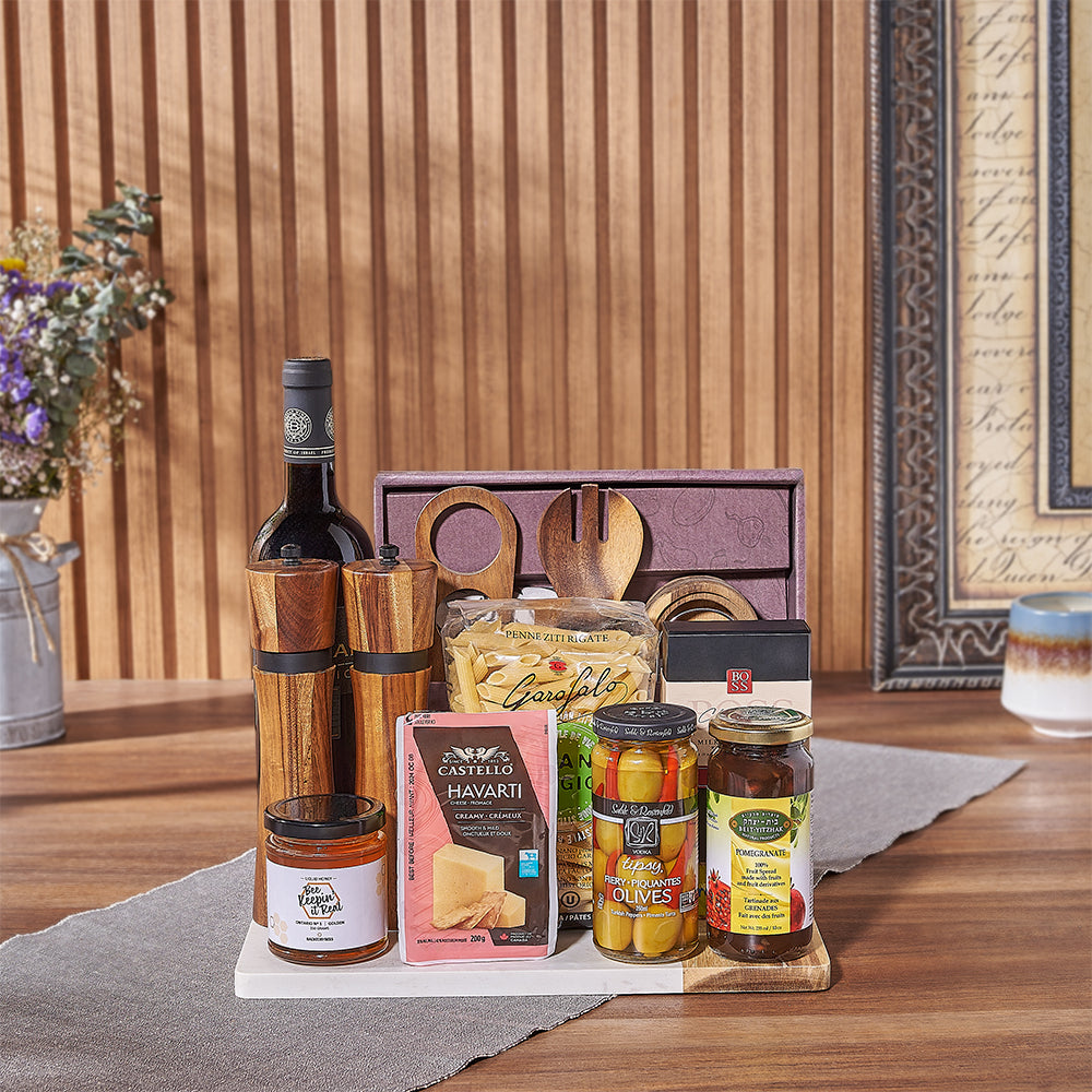 Hanukkah Pasta and Kosher Wine Basket – how the gift is presented