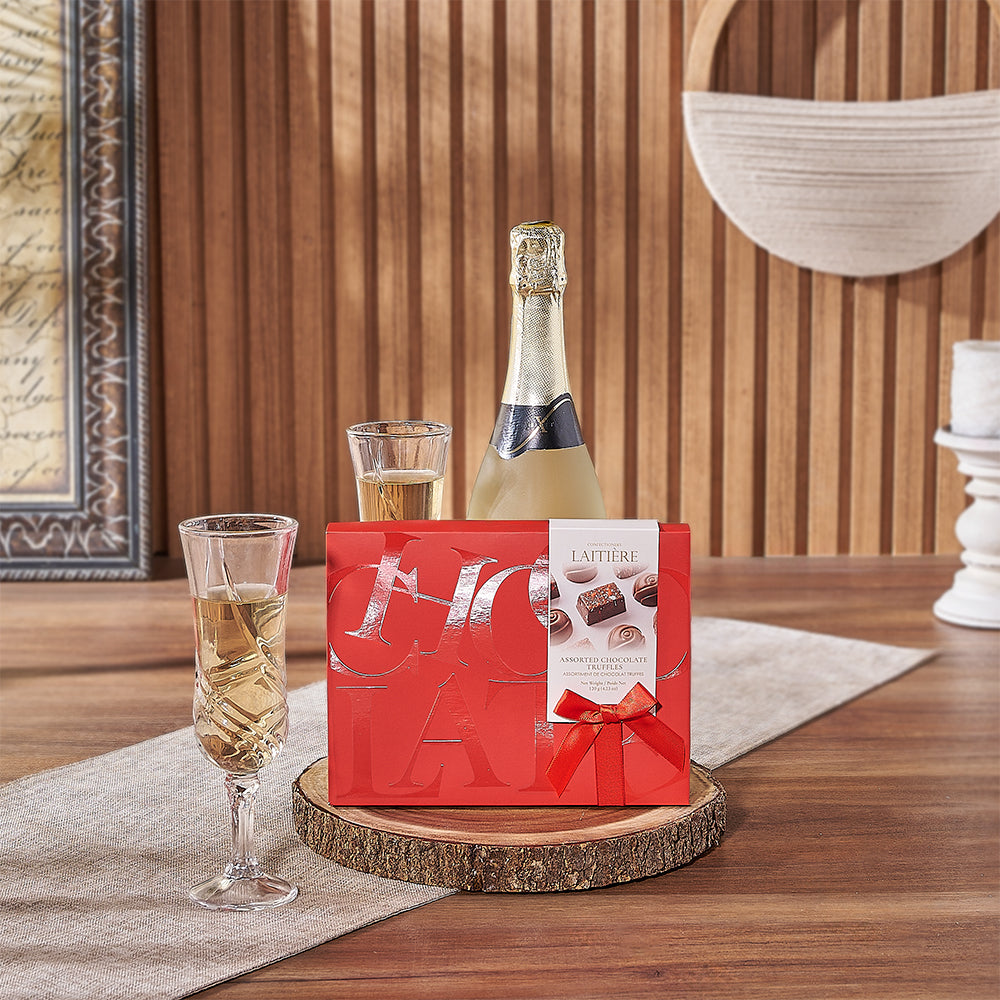 Assorted Chocolate Truffles with Sparkling Wine Gift Set and Decorative Glasses – how the gift is presented