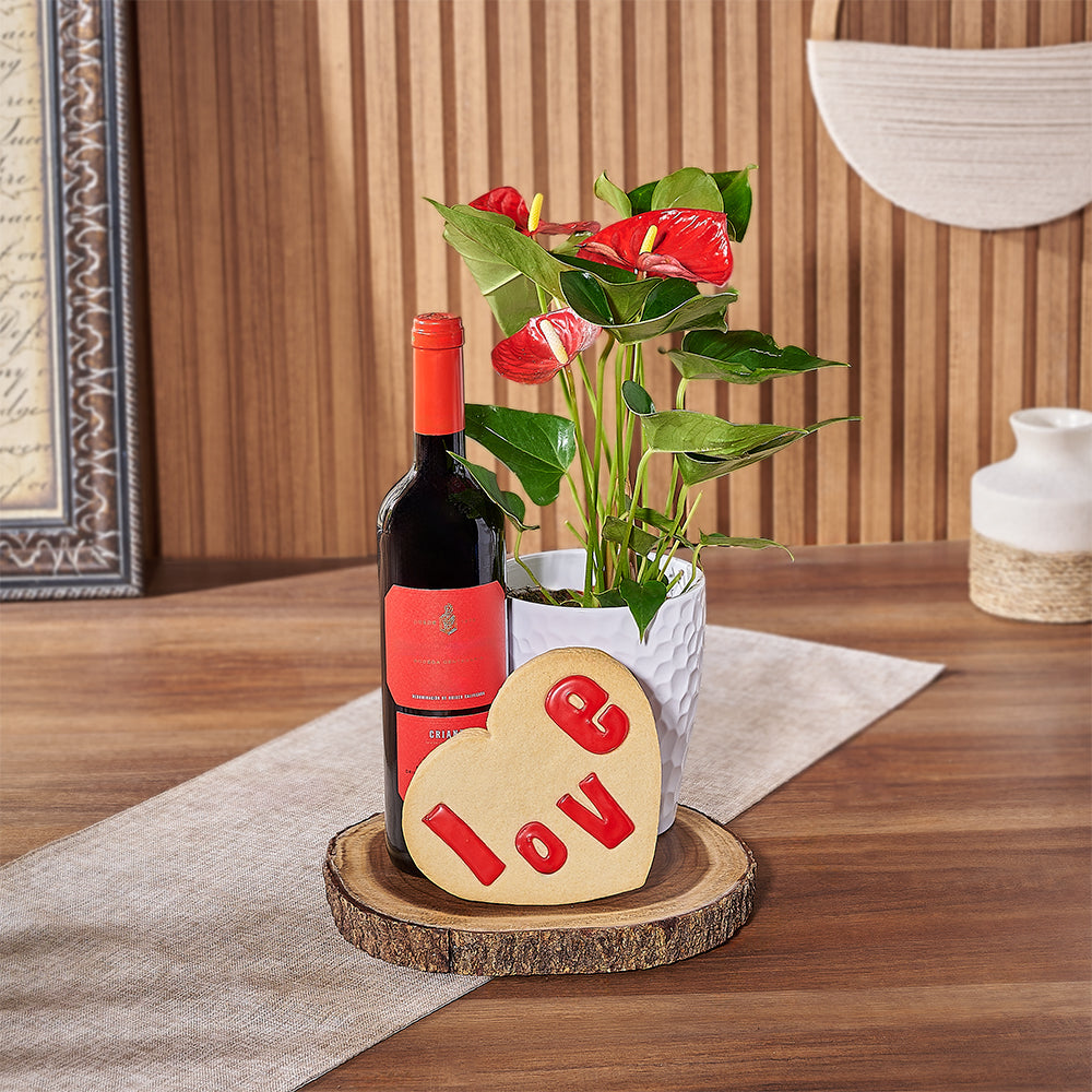 Wine and Anthurium Plant Gift Basket – how the gift is presented