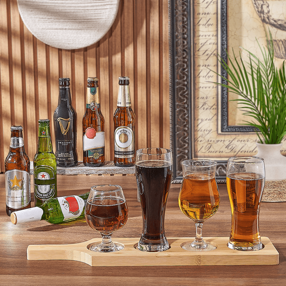 Assorted Beer Flight Board with Four Beer Glasses Gift Basket – how the gift is presented
