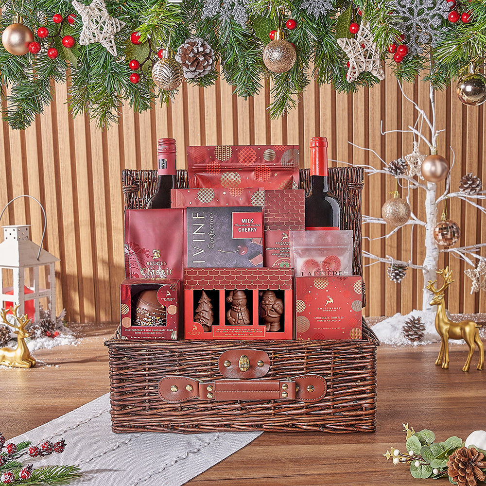 Holiday Two Wine and Chocolates Basket – how the gift is presented