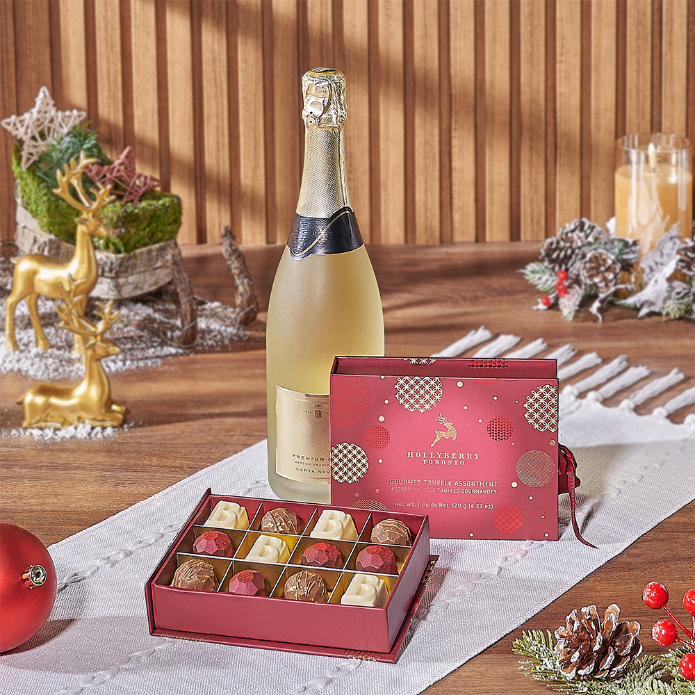 Sparkling Wine and Hollyberry Truffles Gift, Toronto – how the gift is presented