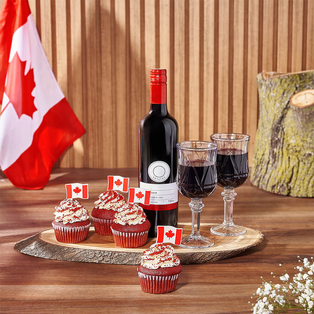 Festive Wine with Red Velvet Cupcakes on Live Edge Cutting Board Gift Basket – how the gift is presented