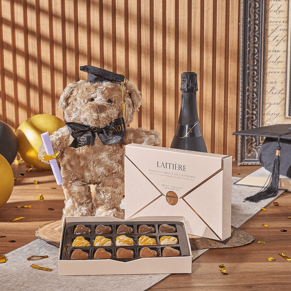 Champagne & Graduate Bear, champagne gift, champagne, sparkling wine gift, sparkling wine, graduation gift, graduation, chocolate gift, chocolate, Toronto delivery
