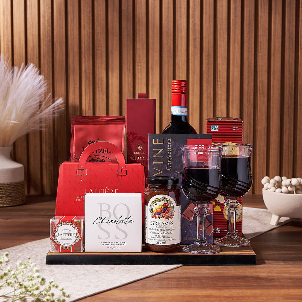 Wine Chocolate and Jam Gift Basket – how the gift is presented