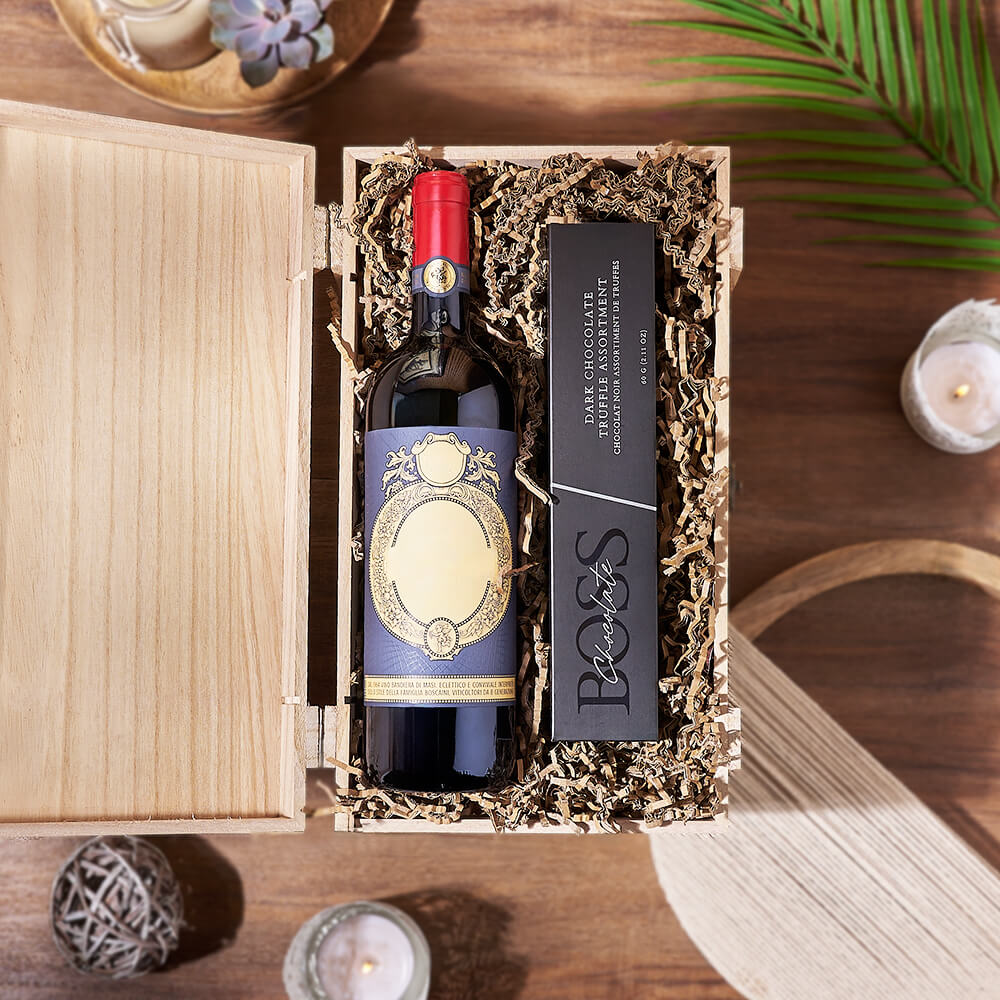 Wooden Wine Box and Chocolate Truffles – how the gift is presented