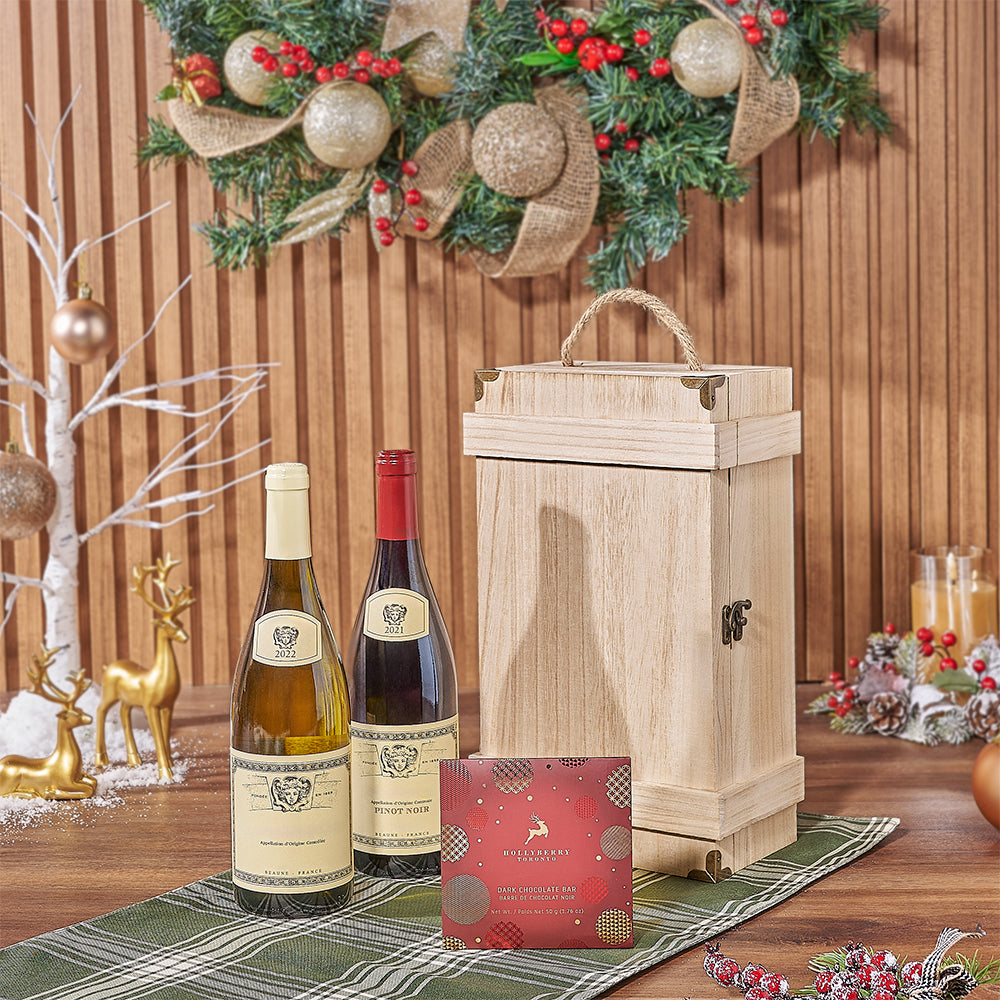 Wine and Dark Chocolate Wooden Box – how the gift is presented