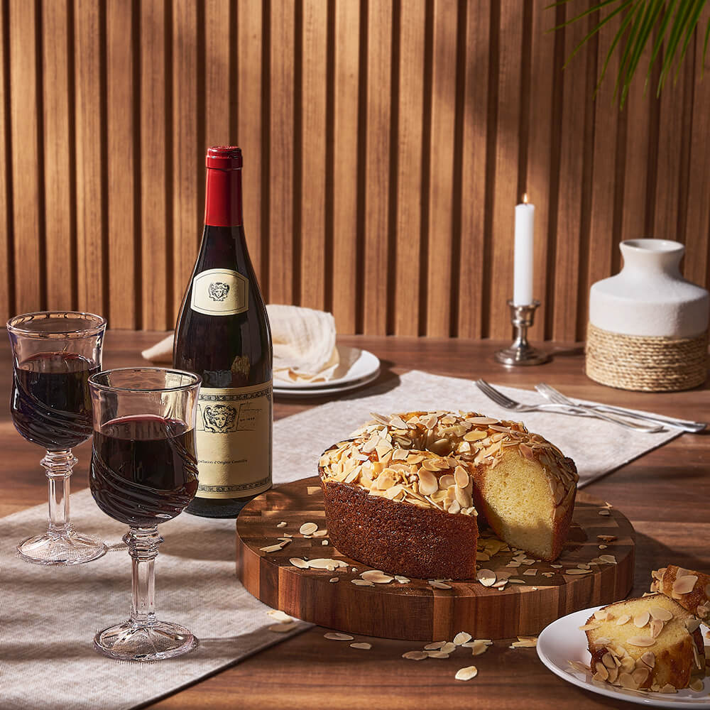 Wine Basket Featuring Cake and Glassware – how the gift is presented
