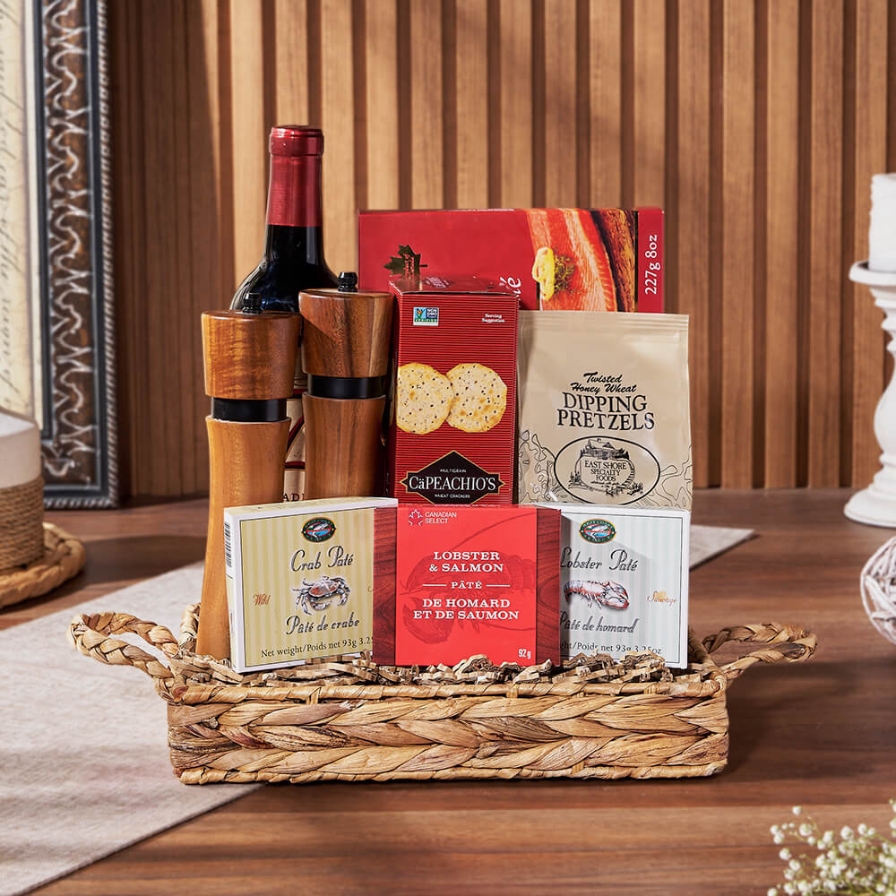 Salmon and Seafood Wine Gift Basket – how the gift is presented