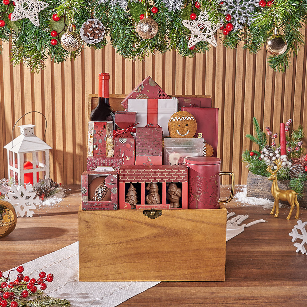 Wine and Gourmet Chocolate Holiday Basket – how the gift is presented
