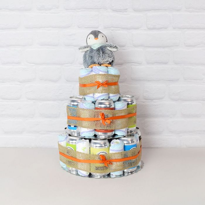 Baby Gift Basket with 17 Diapers, Plush Penguin, and Craft Beer – how the gift is presented
