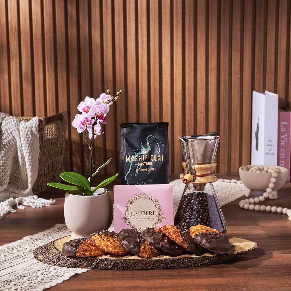 Davenport Coffee & Macaroons Basket, coffee gift, coffee, cookie gift, cookie, macaroon gift, macaroon, orchid gift, orchid, plant gift, plant, Toronto delivery