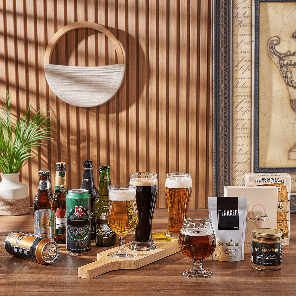 Gourmet Beer Flight Board Gift Basket with Assorted Snacks – how the gift is presented