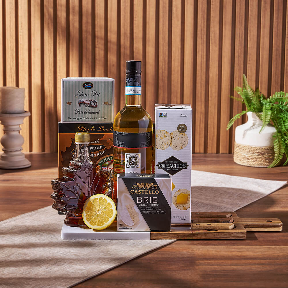 Deluxe Smoked Salmon & Citrus Gift Basket with Wine, wine gift, wine, gourmet gift, gourmet, cheese gift, cheese, cheese board gift, cheese board, Toronto delivery