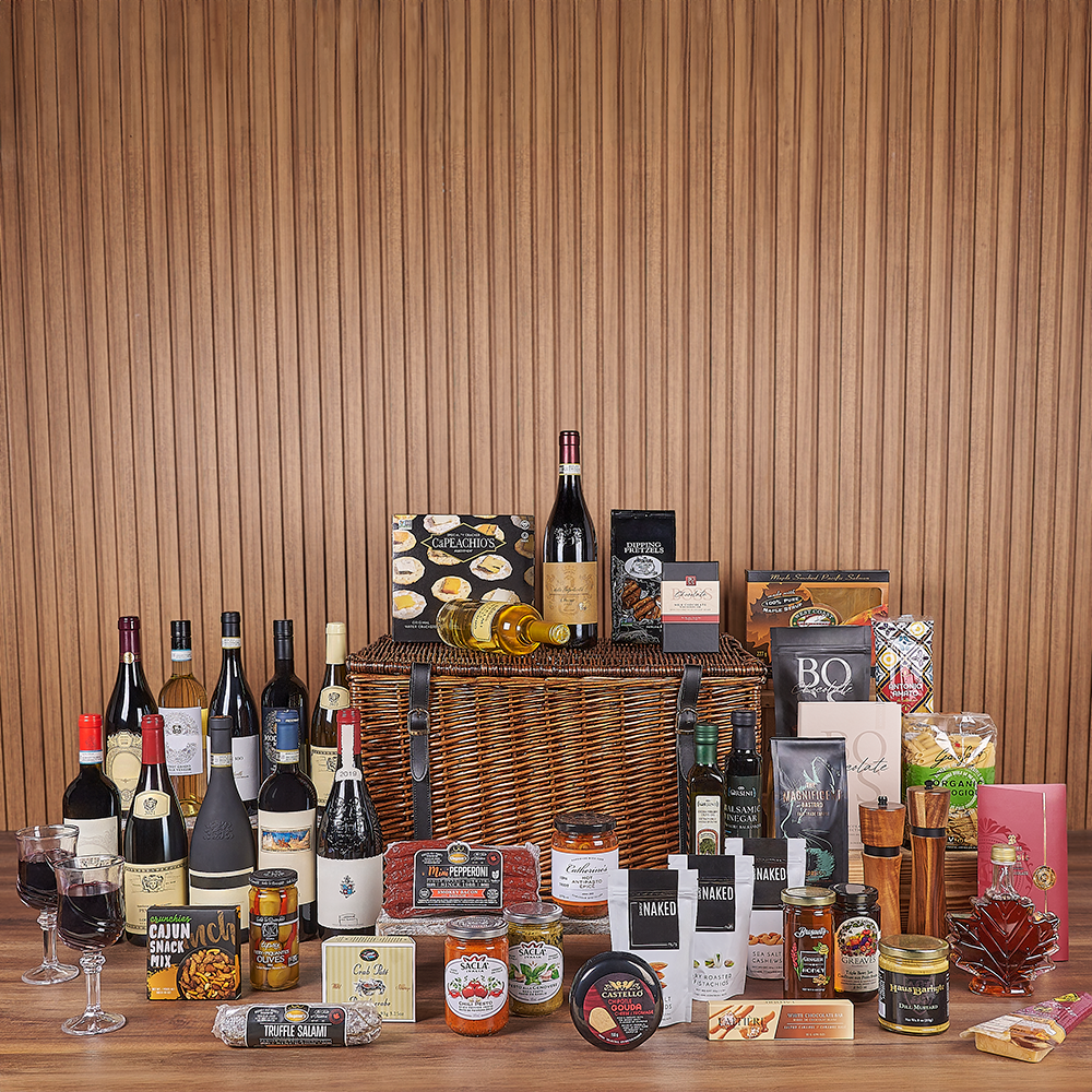 Exquisite Wine & Goodie Basket - Table Wines, wine gift, wine, chocolate gift, chocolate, luxury gift, luxury, Toronto delivery