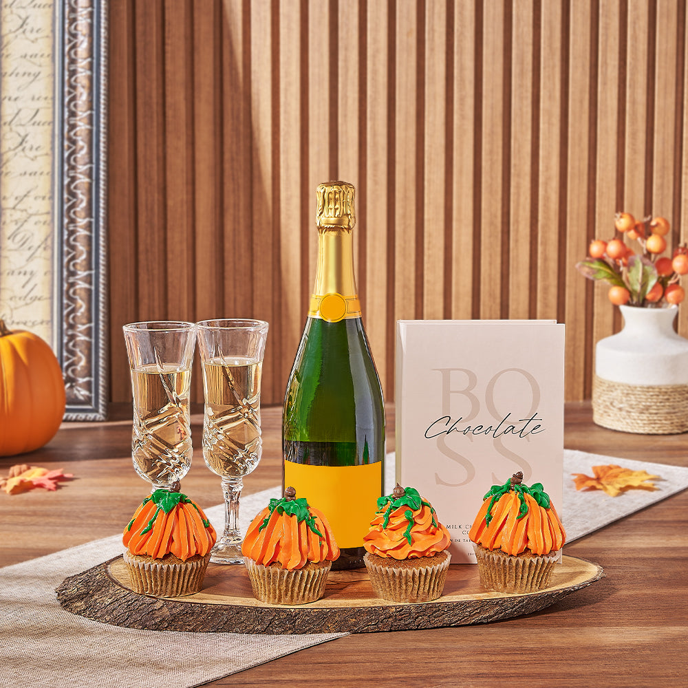 Fall Sparkling Wine Gift with Pumpkin Spice Cupcakes and Oval Serving Board – how the gift is presented