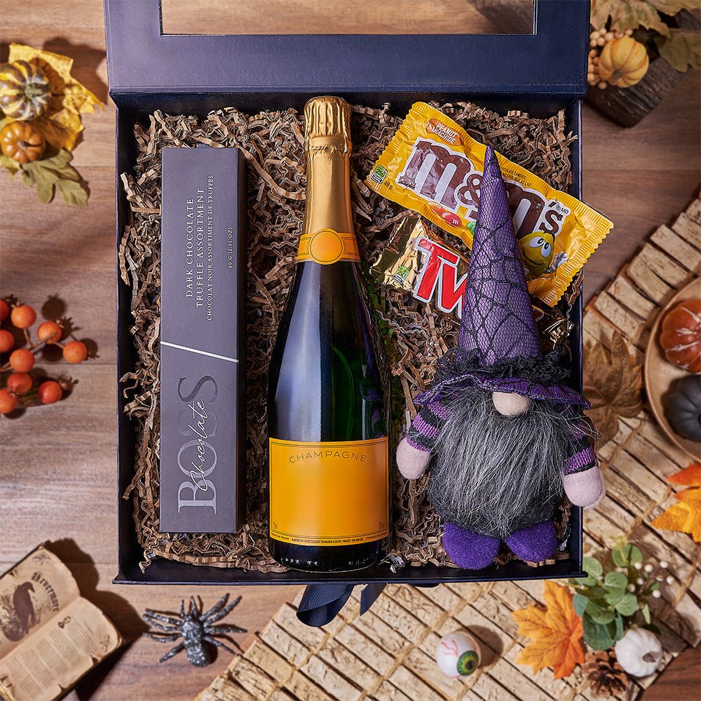 Festive Sparkling Wine Gift Box with Dark Chocolate Truffles and Plush Wizard – how the gift is presented