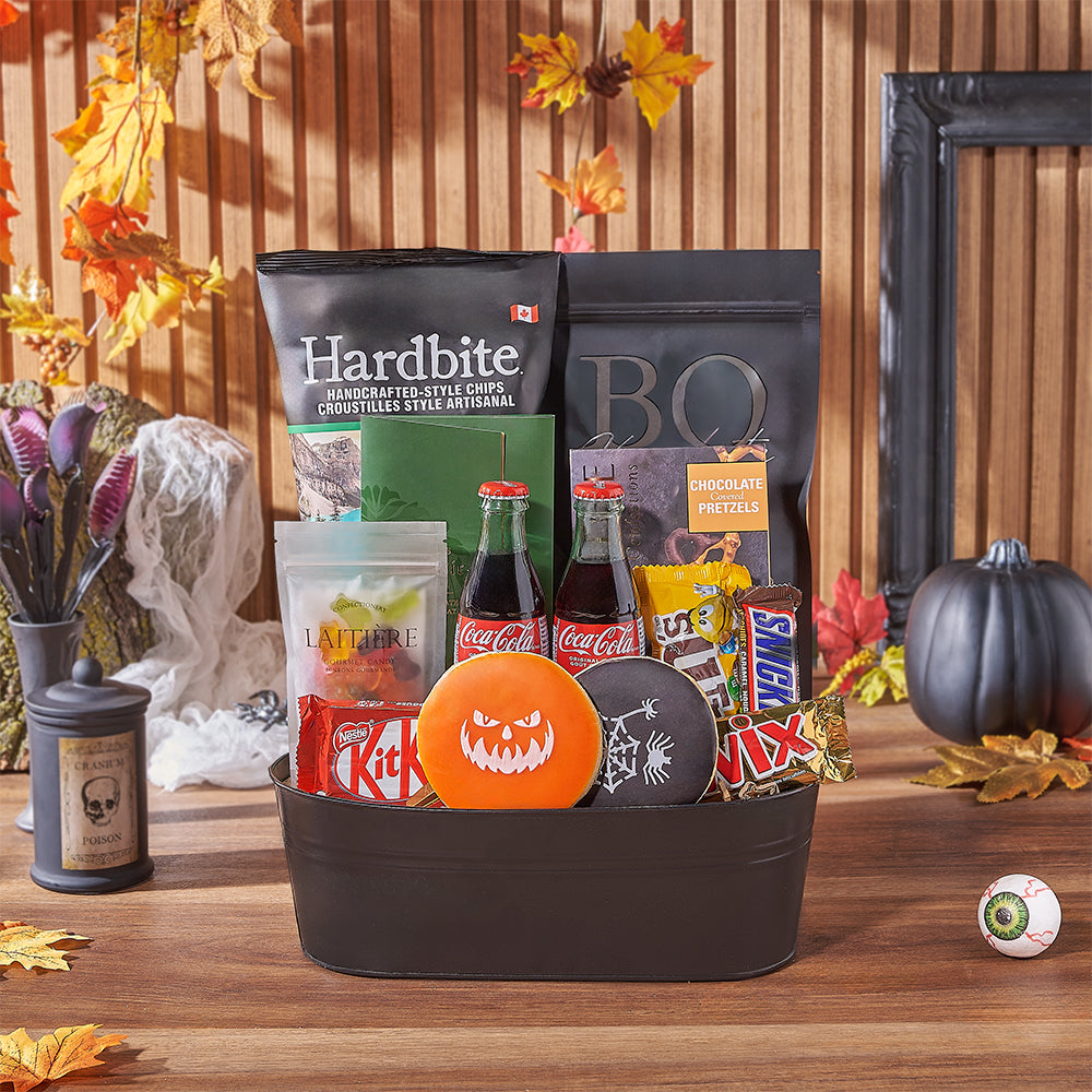 Deluxe Halloween Candy and Snack Gift Basket in Metal Container – how the gift is presented