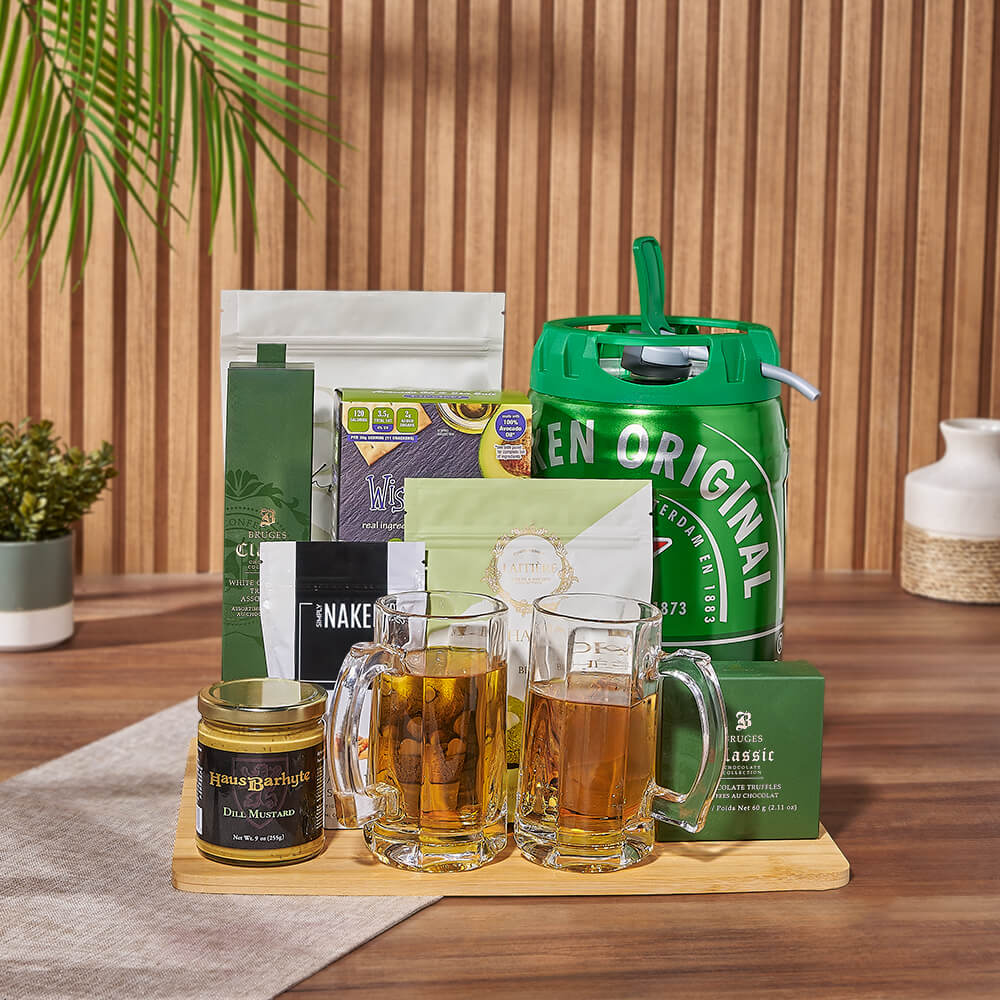 St. Patrick's Day Beer Gift Basket Featuring Pretzel Popcorn & Crackers – how the gift is presented