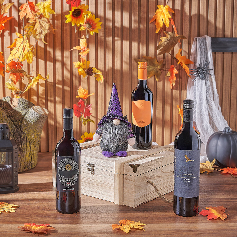 Halloween Wine Gift Basket with Three Bottles in Wooden Box and Wizard Plush – how the gift is presented