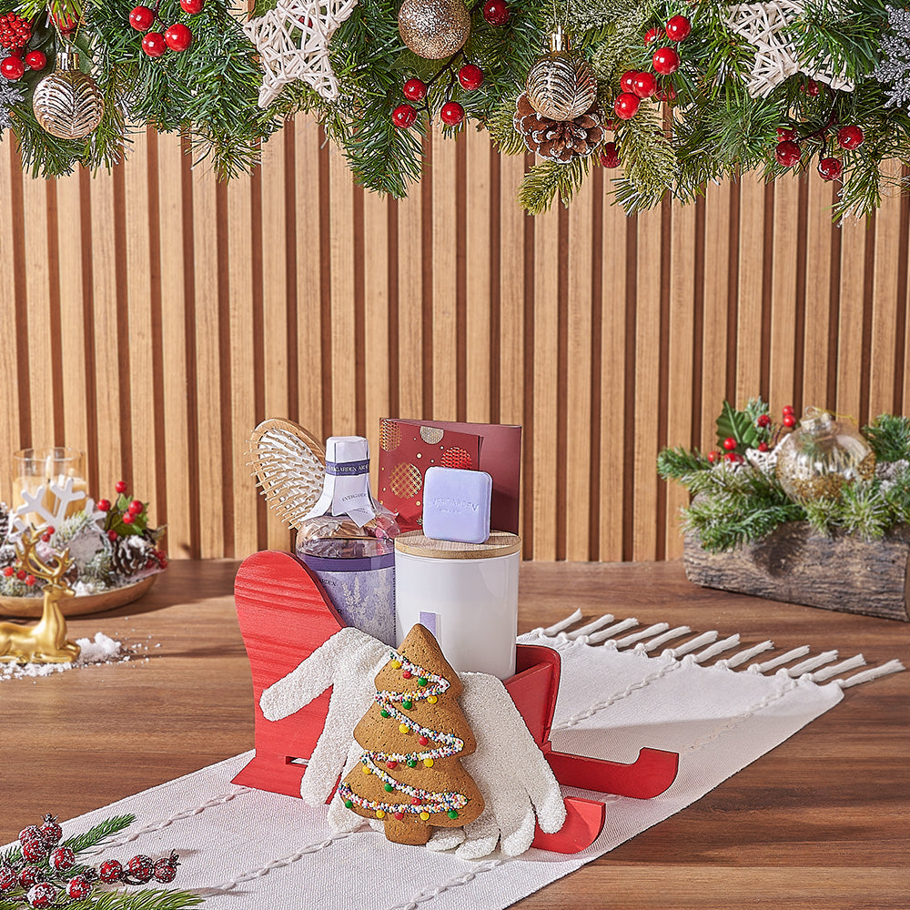 Holiday Luxury Gift Basket Featuring Lavender Bath Items and Dark Chocolate – how the gift is presented
