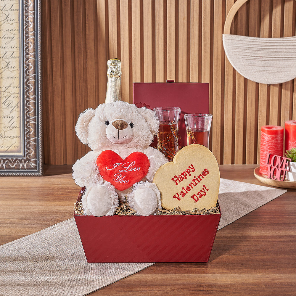 Valentine's Day Gift Basket with Sparkling Wine and Plush Bear – how the gift is presented