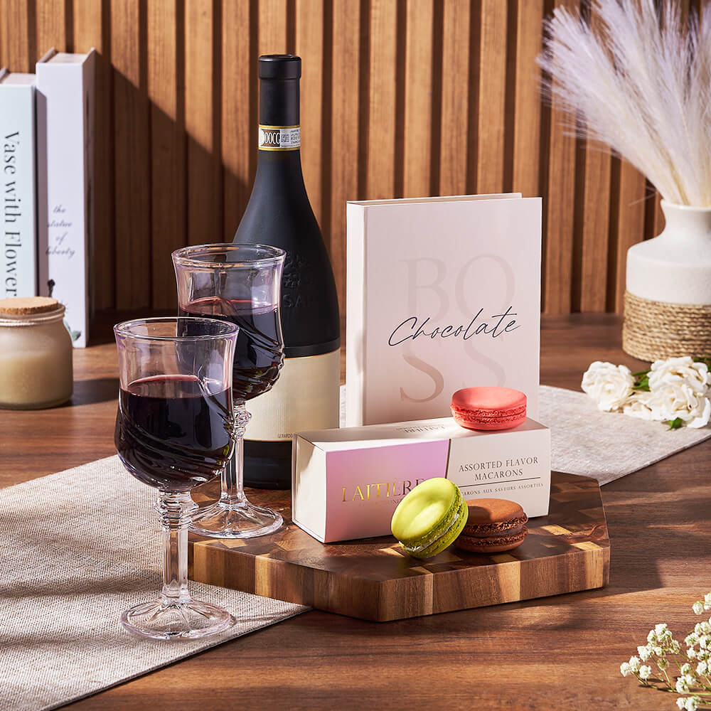 Macaron & Wine for Two Gift Set, wine gift, wine, macaron gift, macaron, chocolate gift, chocolate, Toronto delivery