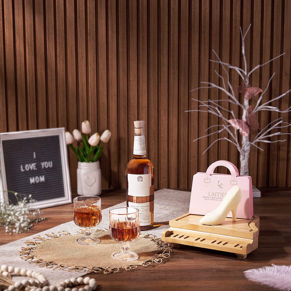 Mother's Day Gourmet Liquor Basket with White Chocolate and Bamboo Cheese Tools – how the gift is presented
