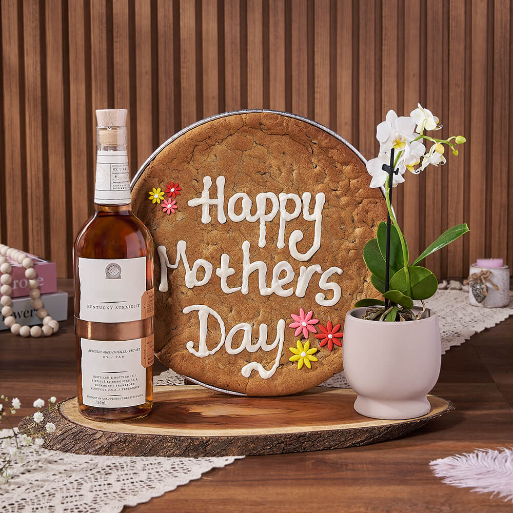 Mother's Day Liquor Gift Set with Phalaenopsis Orchid, Cookie & Live-Edge Board – how the gift is presented