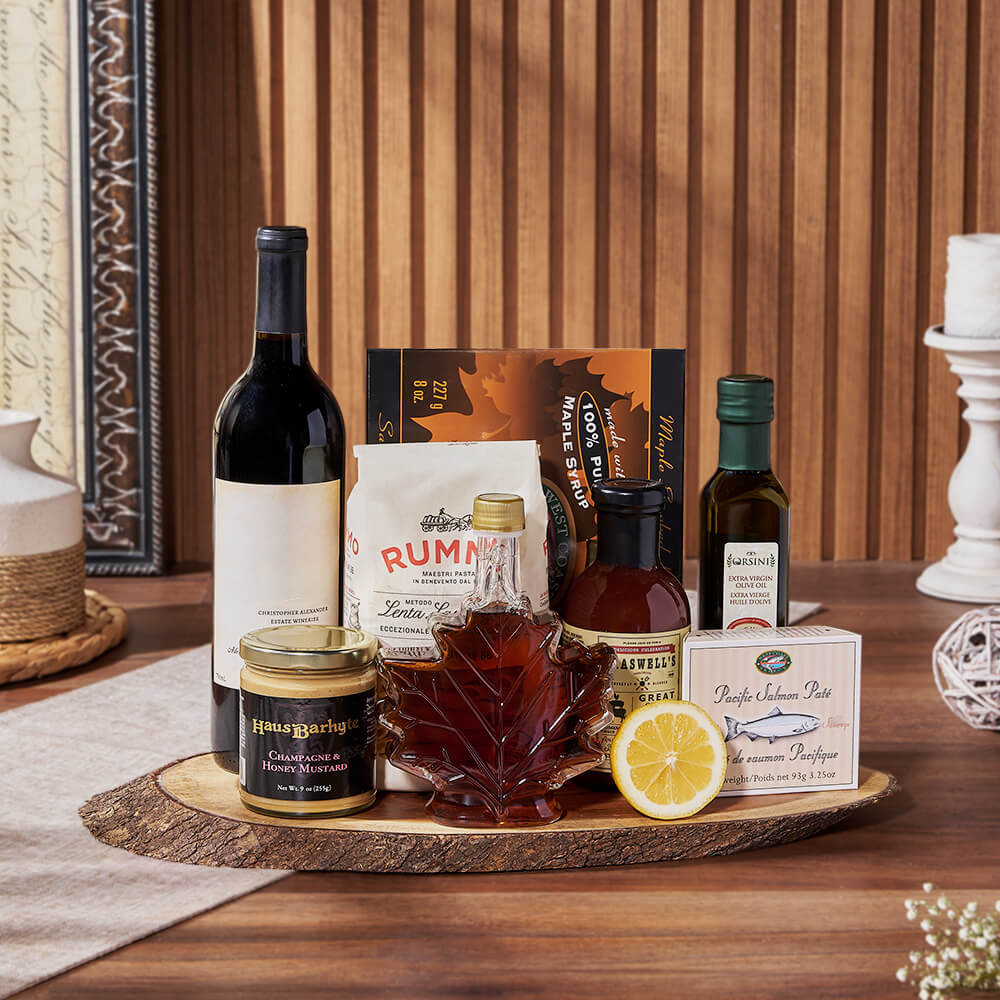 Wine Gift Basket Featuring Gourmet Pasta – how the gift is presented