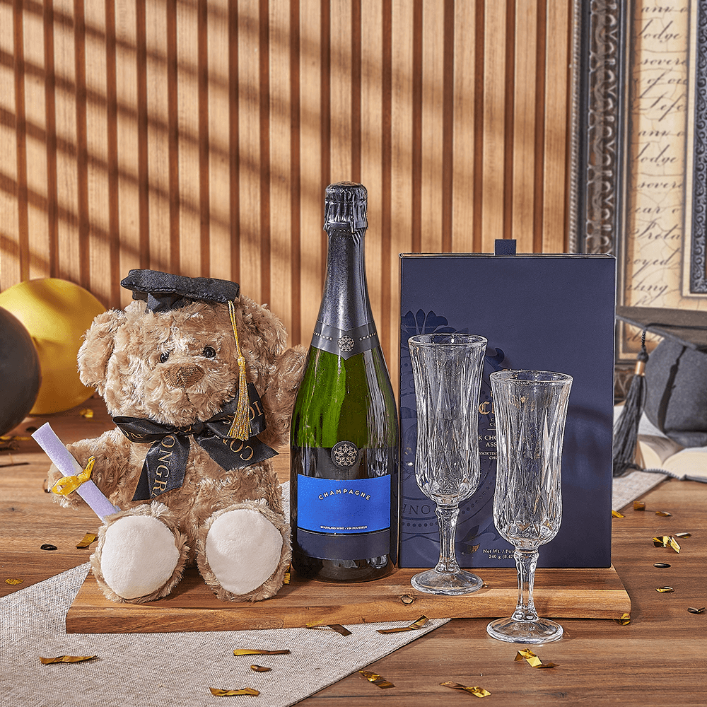 Sparkling Wine and Gourmet Dark Chocolate Graduation Gift Basket – how the gift is presented