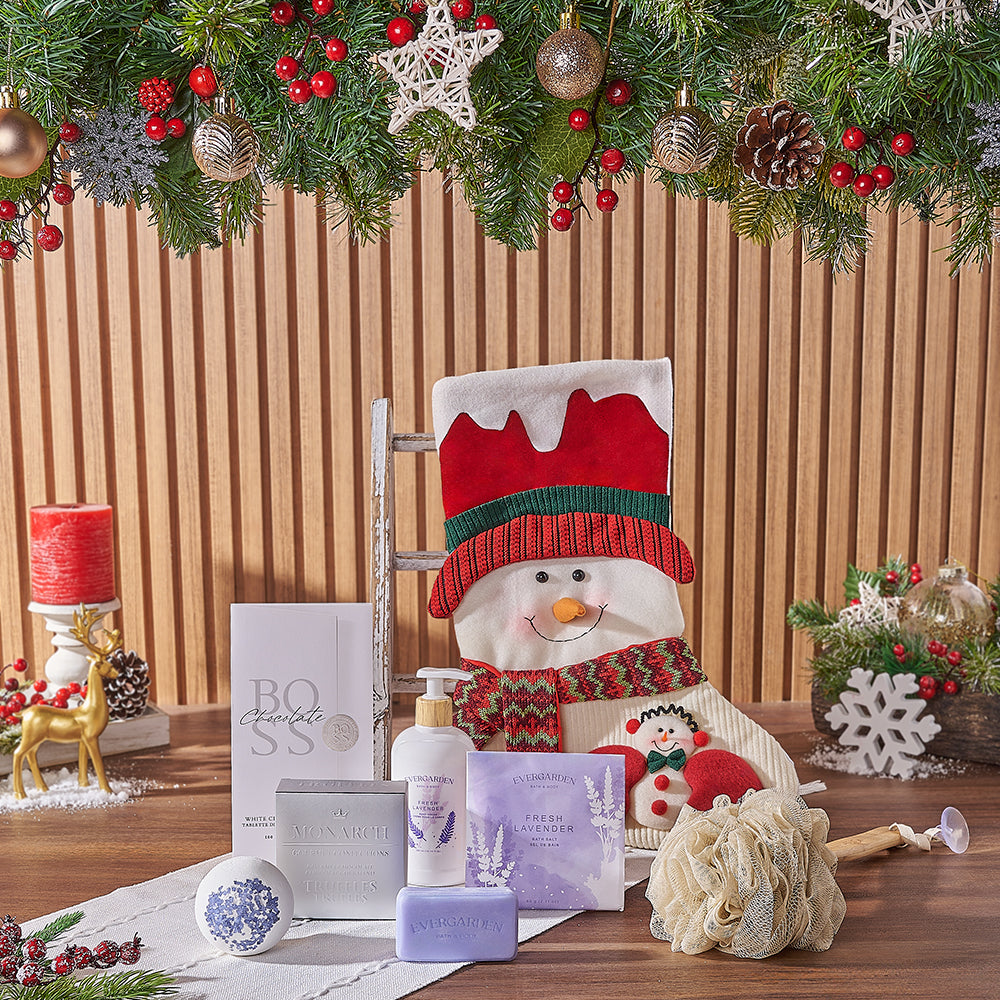 Snowman Spa Stocking Gift Set, spa gift, spa, chocolate gift, chocolate, christmas gift, christmas, Toronto delivery