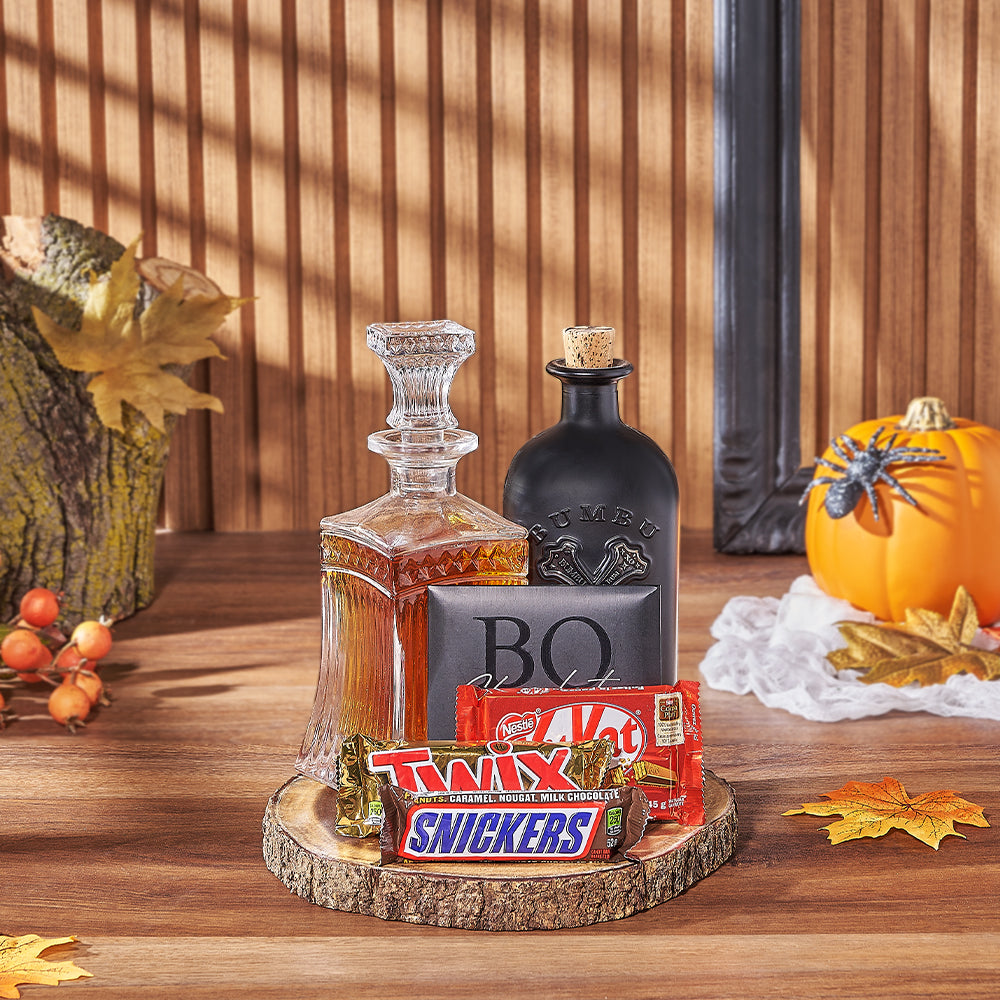 Halloween Celebration Liquor Decanter with Candy and Serving Board – how the gift is presented