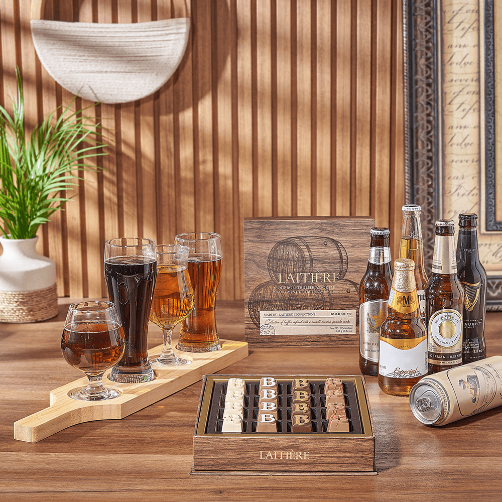 Deluxe Beer Gift Basket with Laitière Bourbon Truffles and Flight Board – how the gift is presented