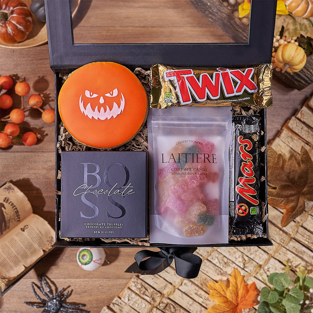 Halloween Gourmet Candy Gift Box with Sour Gummies and Chocolates – how the gift is presented
