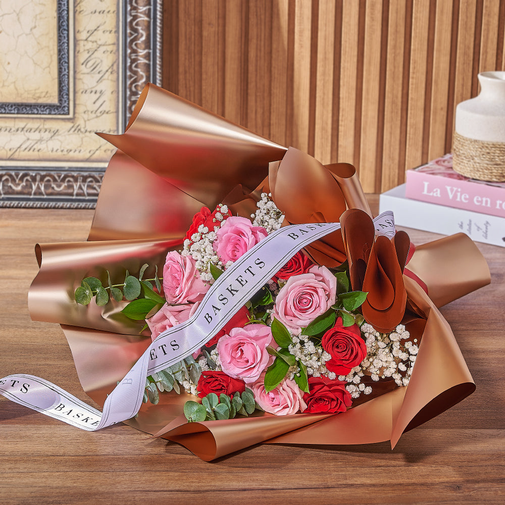 Refined Pink & Red Rose Bouquet with Ruscus and Baby's Breath – how the gift is presented