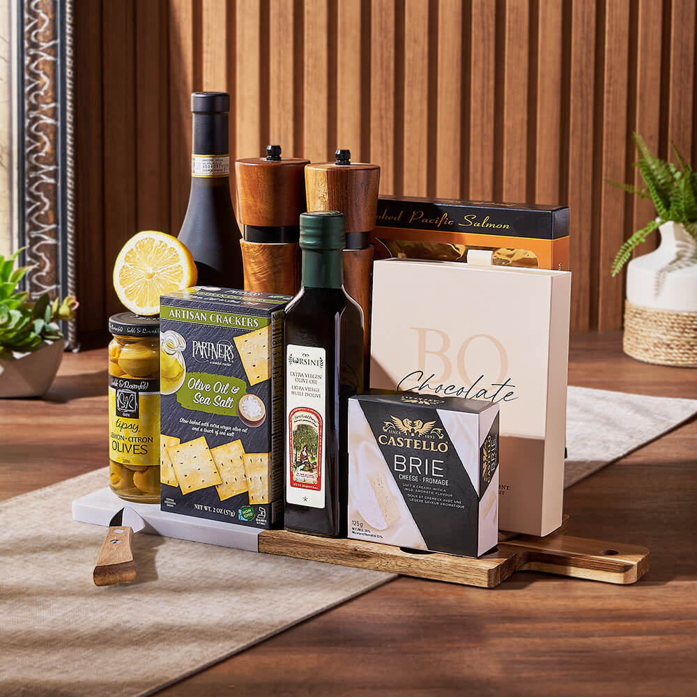 Wine Gift Basket with Artisan Cheese, Chocolate Truffles, and Serving Board – how the gift is presented