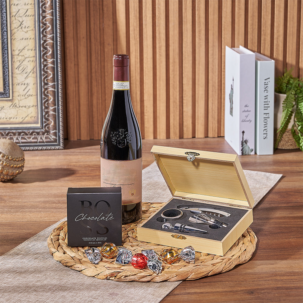 Chocolate Truffles and Wine Wooden Box – how the gift is presented