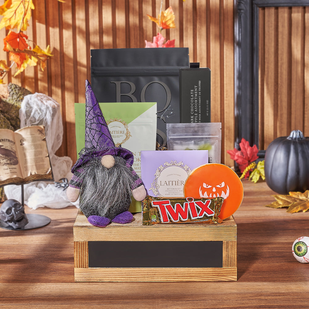 Small Gourmet Halloween Treats Gift Basket with Plush – how the gift is presented