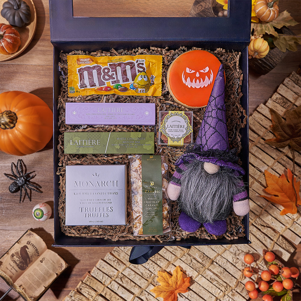 Assorted Halloween Snack Gift Box with Wizard Plush and Skull Cookie – how the gift is presented