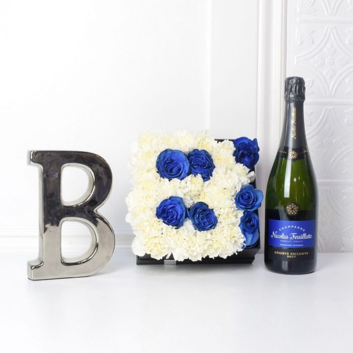 Premium Champagne Baby Arrival Gift Box Featuring Letter B Floral Arrangement – how the gift is presented