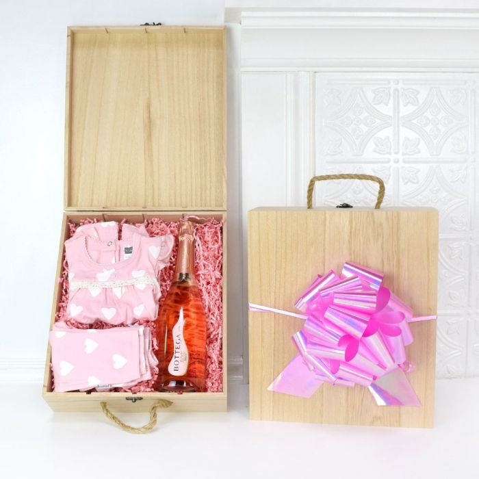 Champagne Gift Crate Featuring Kushies Baby Dress and Leggings – how the gift is presented
