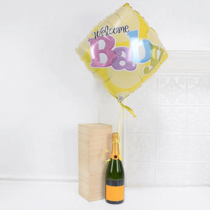 Premium Champagne Gift Basket in Pine Box for New Baby Celebration – how the gift is presented