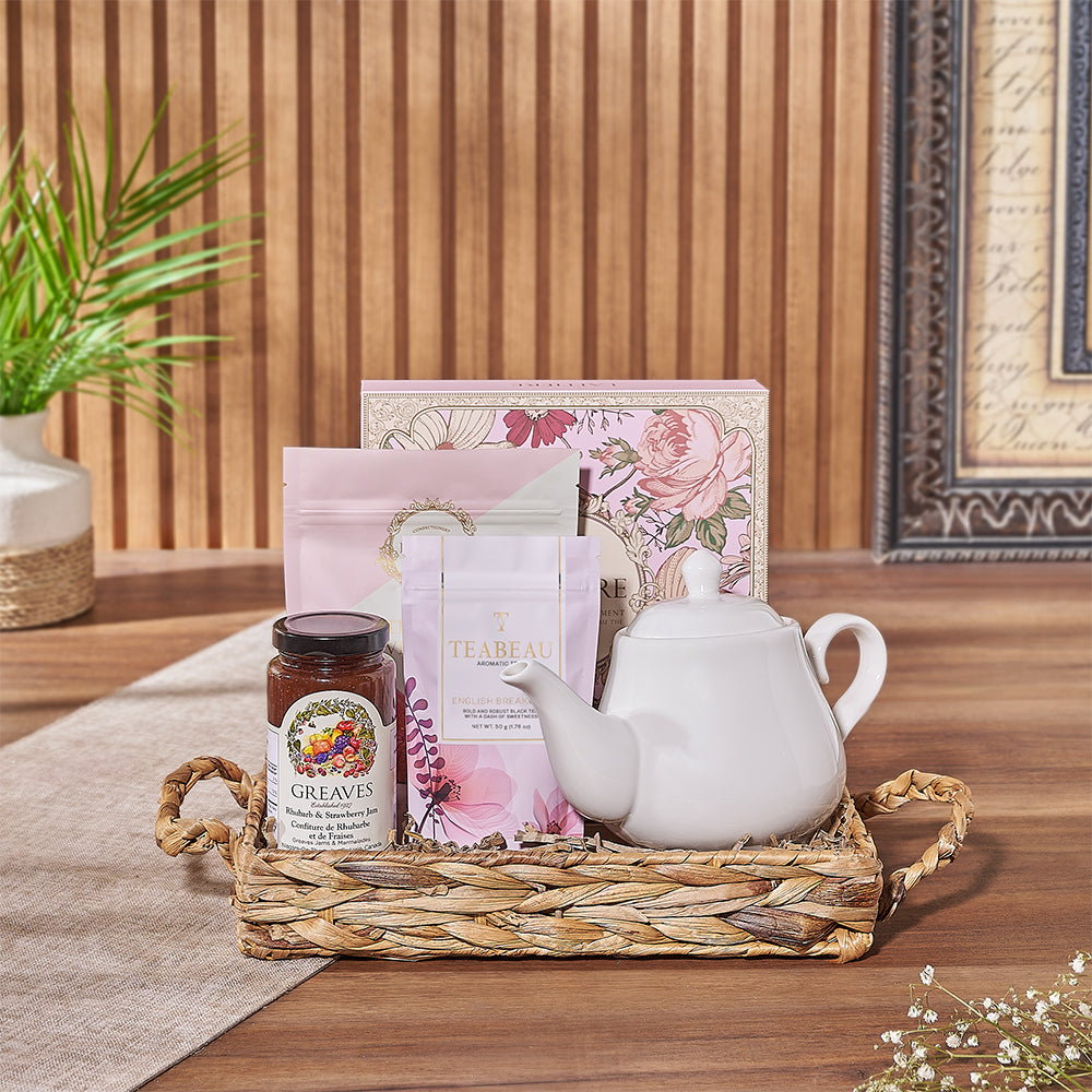 Tea Truffles and Jam Gift Basket – gift basket with laitiere tea truffle assortment, laitiere white chocolate pink velvet cookies and teabeau english
