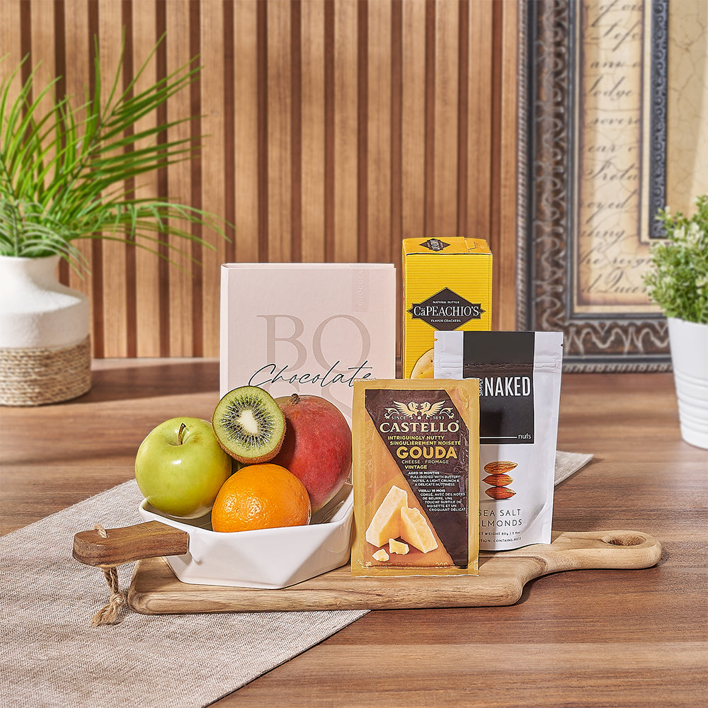 Elevate your next gathering with the gourmet delights found in the Fresh & Fruity Gift Basket, or send it as a heartfelt gift to your loved ones, Toronto delivery
