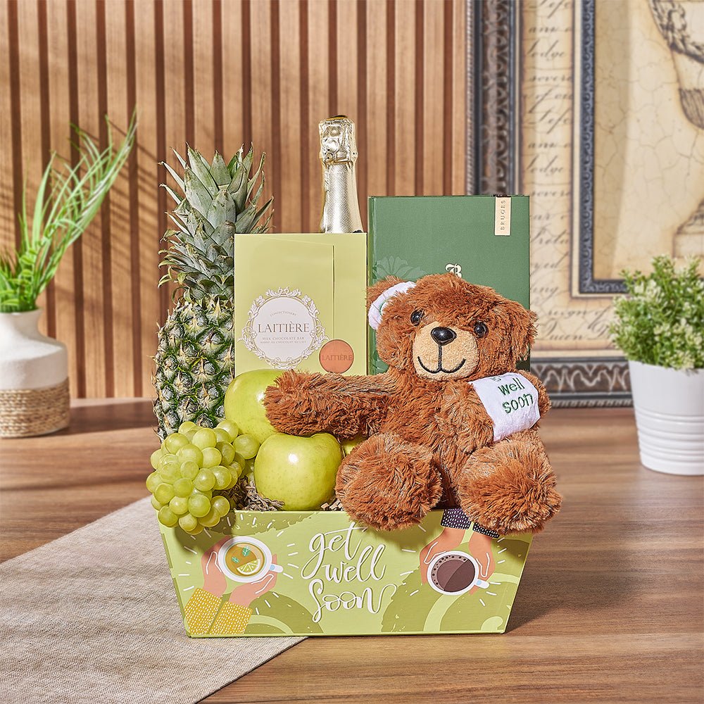 Get Well Soon Sparkling Wine Fruit – gift basket with bottle of sparkling wine, bruges book green and laitiere milk chocolate envelope bar - 100g