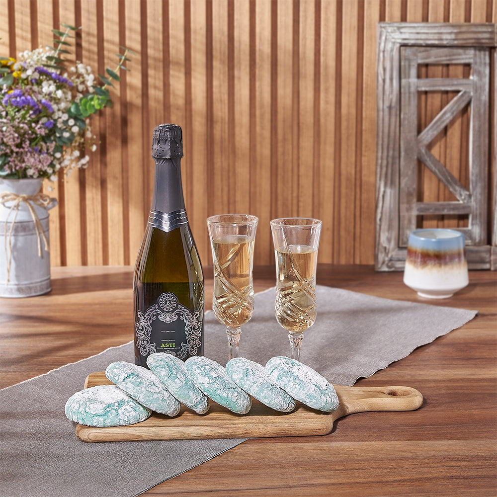 Hanukkah Gift Basket with Kosher Sparkling Wine and Blue Crinkle Cookies – gift basket with bottle of kosher sparkling wine, hanukkah blue crinkle