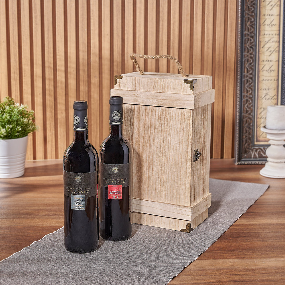 Kosher Wine Double Bottle Gift in Wooden Box – gift basket with 2 kosher bottles of wine and duo wine box w/ burned finish