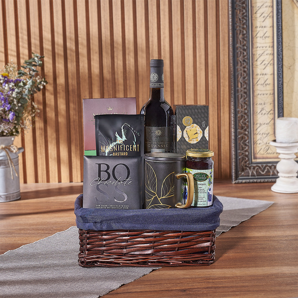 Kosher Wine Gift Basket with Gourmet Treats and Blue Cloth Lining for Hanukkah – how the gift is presented